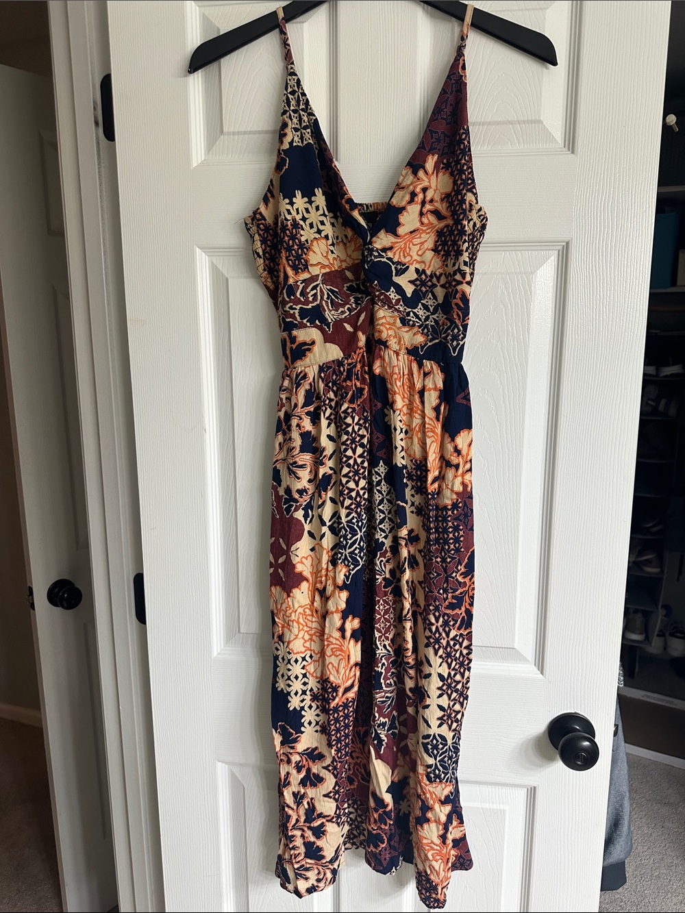Angie Navy, Rust & Cream Floral Patchwork Midi Dresse